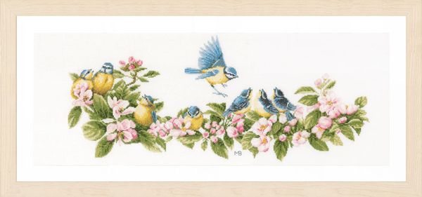 Набор для вышивания нитками Lanarte, Blue tits & blossoms, 61х26 см