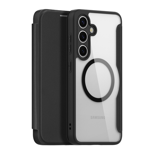 Прозрачный чехол книжка черного цвета с поддержкой MagSafe от Dux Ducis для Samsung Galaxy S24+, серия Skin X Pro Series Case
