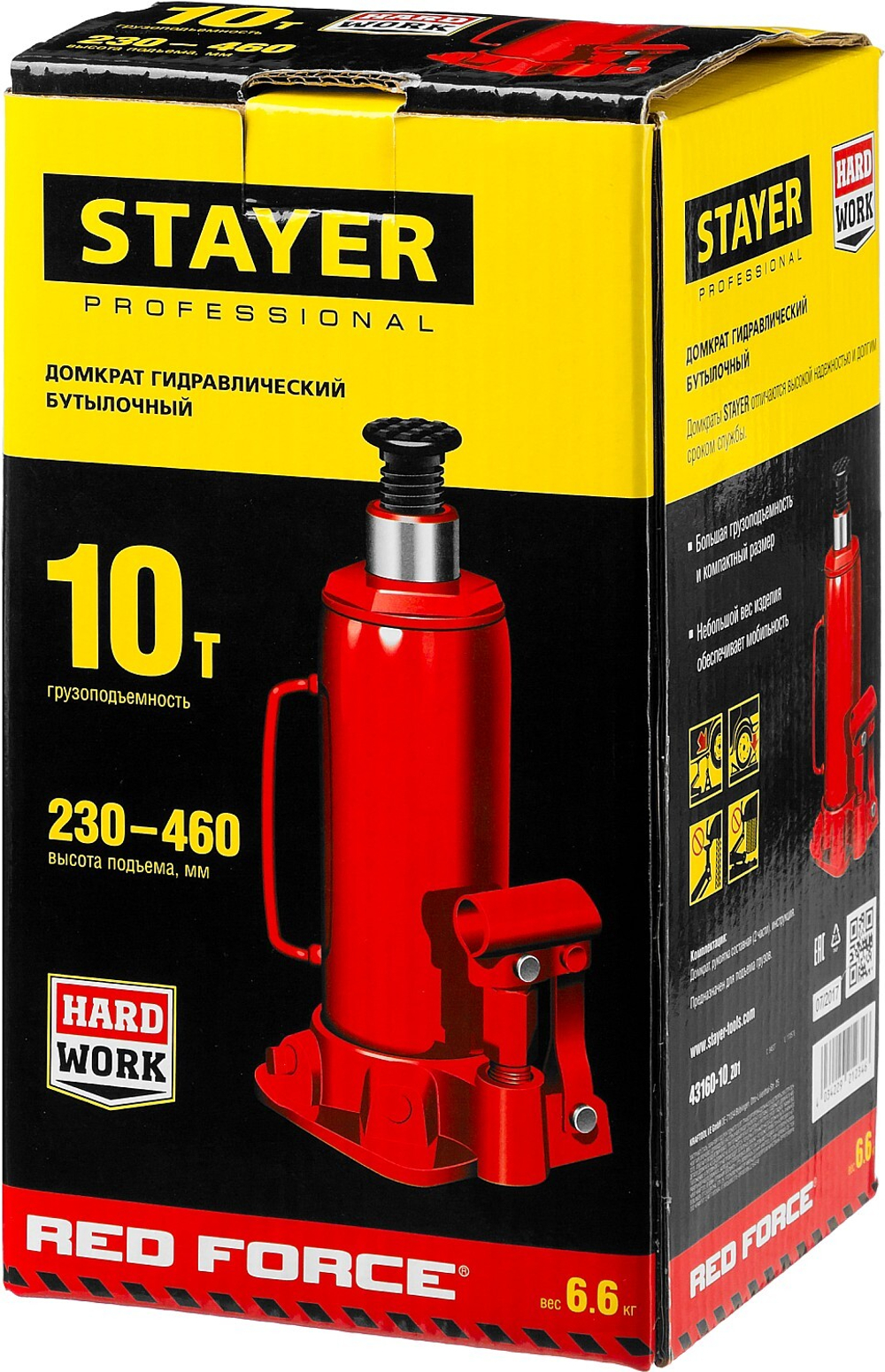 STAYER RED FORCE, 10 т, 230 - 460 мм, бутылочный гидравлический домкрат, Professional (43160-10)