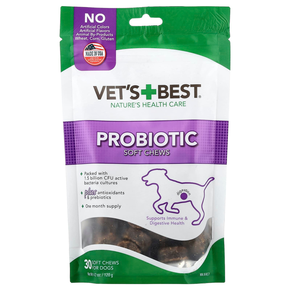 Vet's Best, мягкие жевательные таблетки с пробиотиком, для собак, 30 жевательных таблеток, 120 г (4,2 унции)