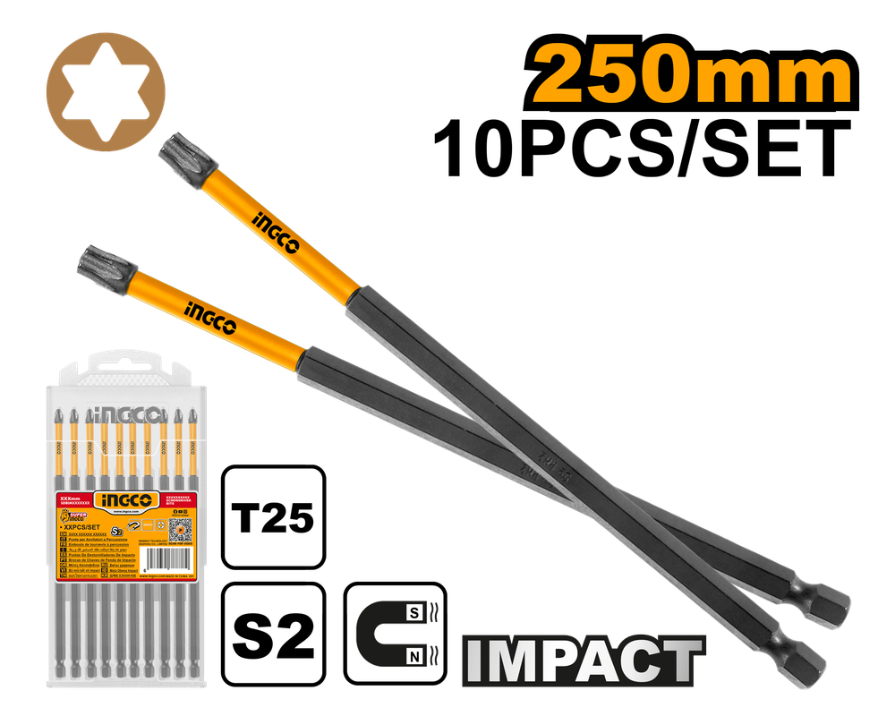 Набор ударных бит IMPACT INGCO SDBIM11T25103 INDUSTRIAL T25х250 мм 10 шт.