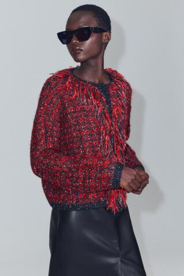 ZARA КАРДИГАН ФАКТУРНОЙ ВЯЗКИ С БАХРОМОЙ, КРАСНЫЙ/ЧЕРНЫЙ