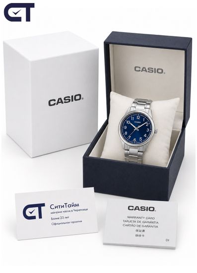 Casio MTP-V005D-2B4 General часы наручные мужские — синий циферблат с белыми цифрами и стальной браслет