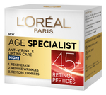 Антивозрастной укрепляющий крем для лица ночной L'Oral Paris Age Specialist 45 + с маслом камелии и Pro-retinol 50 мл (Из Финляндии)