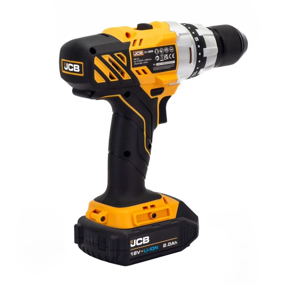 Дрель-шуруповерт аккумуляторная (JCB-18DD-B-E) 18V, max 45Nm в комплекте с зарядным устройством (JCB-18VFC-E) 2.4A и батареей аккум(JCB-20LI-E) 2.0AH JCB JCB-18DD-2X-E