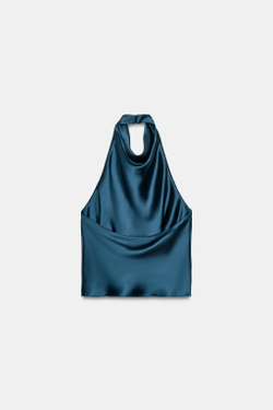 ZARA АТЛАСНЫЙ ТОП С ГОРЛОВИНОЙ ХАЛТЕР, МОРСКОЙ СИНИЙ
