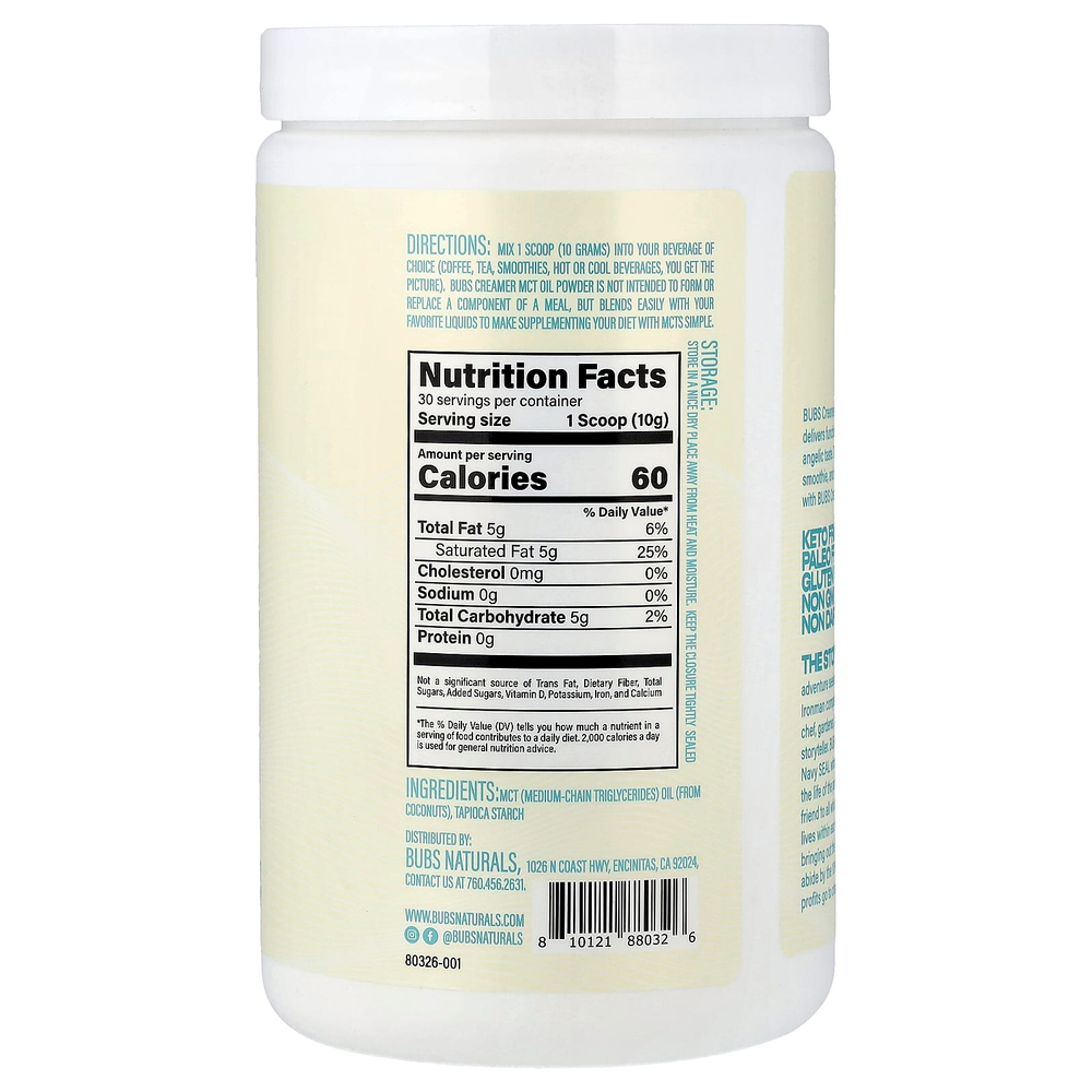 BUBS Naturals, Bubs Creamer, масло MCT в порошке, без добавок, 300 г (10,6 унции)