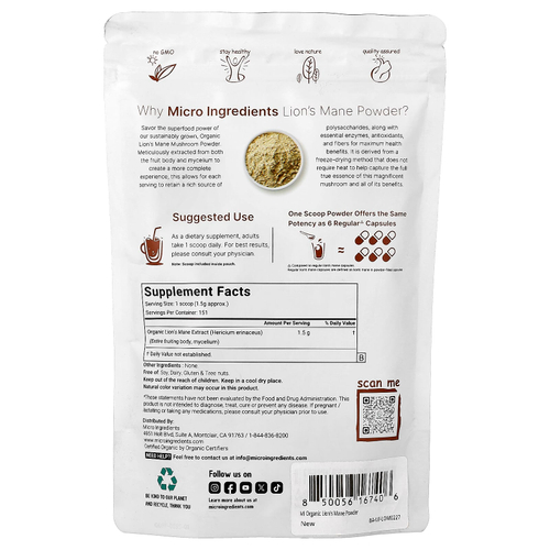 Micro Ingredients, порошок из органического ежовика гребенчатого, 227 г (8 унций)