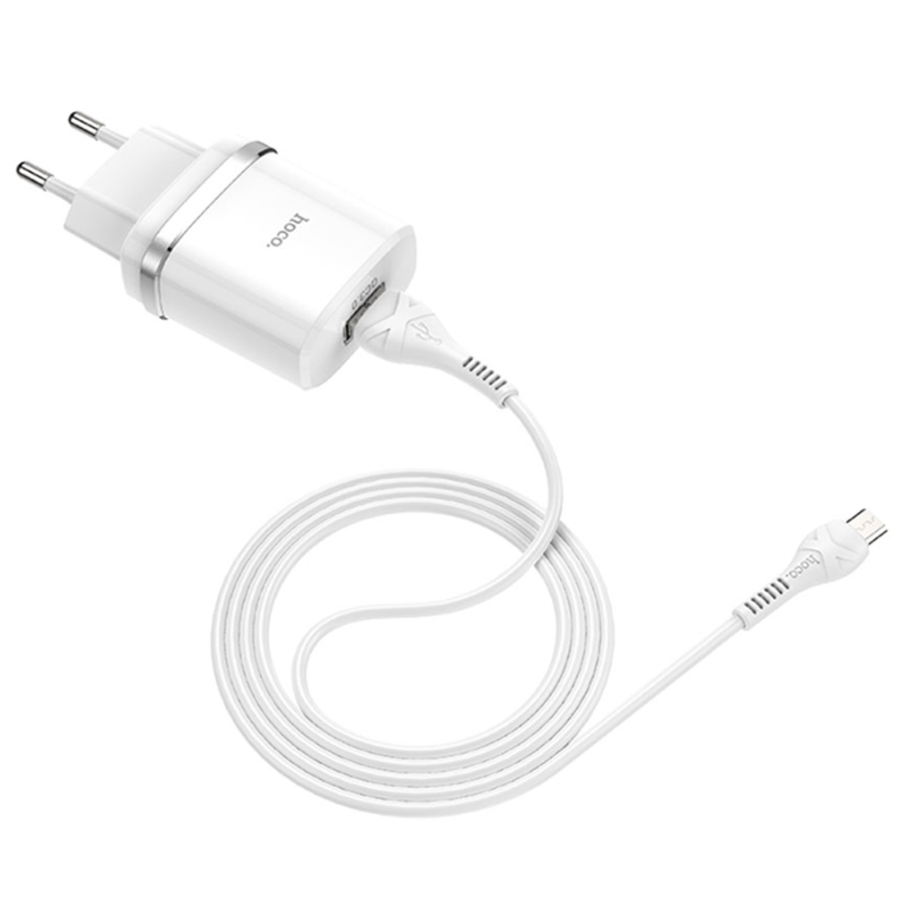 Сетевое зар. устр. Hoco C12Q с шнуром Micro 1USB QC3.0 2.4A белое