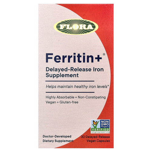 Flora, Ferritin +®, 30 веганских капсул с отсроченным высвобождением (20 мг в 1 капсуле)