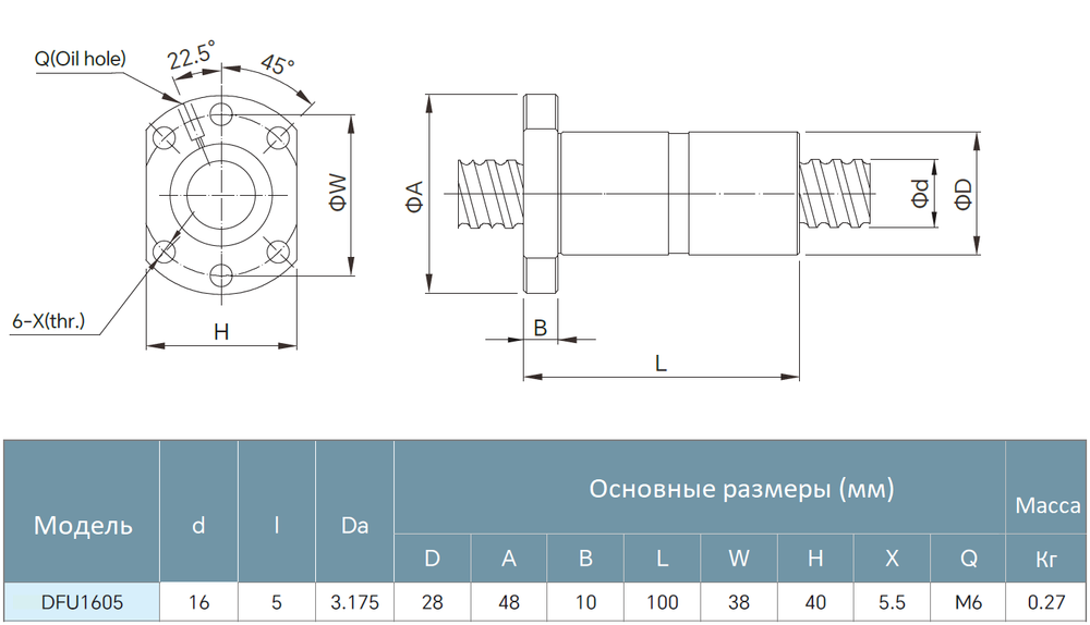 Двойная гайка ШВП DFU1605 - чертеж с размерами