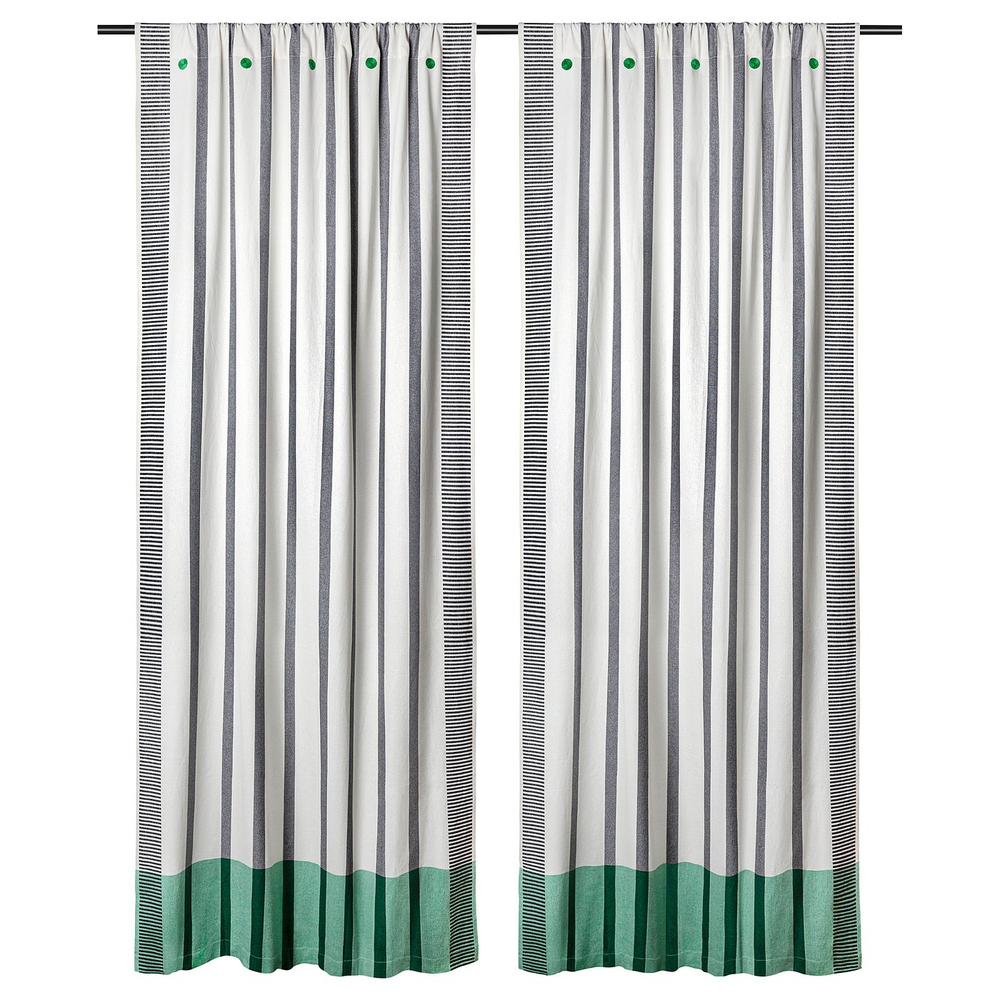 IKEA MÄVINN  (ИКЕА МЭВИНН)  -  Штора, 2 шт. - чёрно-белая в зелёную полоску, 110x250 см