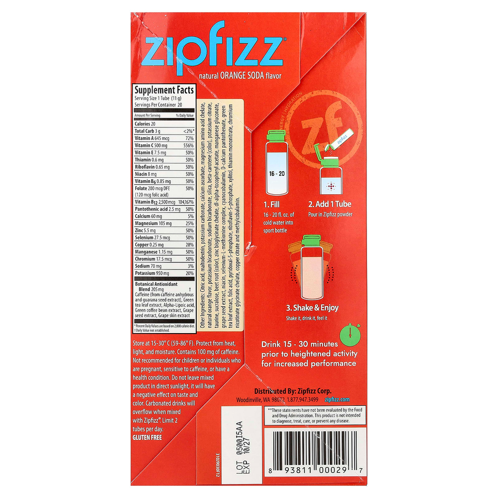 Zipfizz, смесь для энергетического напитка, апельсин с содовой, 20 тюбиков по 11 г (0,39 унции)