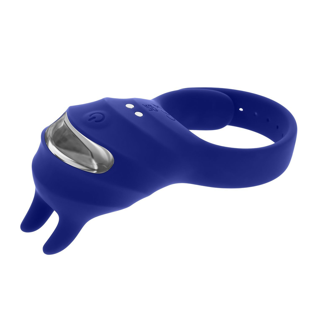 Синее эрекционное виброкольцо с клиторальной подушечкой и пультом ДУ Adjustable Fun Ring