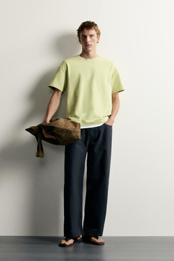 ZARA ФУТБОЛКА RELAXED FIT С КОНТРАСТНЫМИ ДЕТАЛЯМИ, ФИСТАШКОВЫЙ