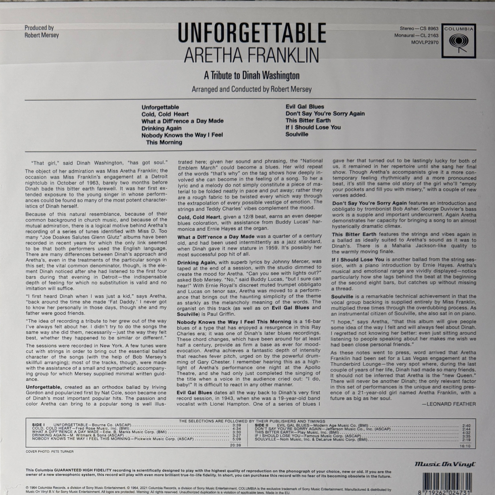 Виниловая пластинка Aretha Franklin ‎– Unforgettable LP