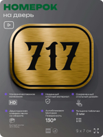 Номерок на дверь квартиры 717, для кабинета, офиса, шильдик 9 х 7 см, золотистый, Айдентика Технолоджи