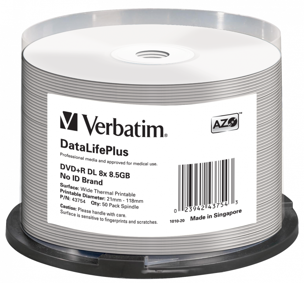 Оптический диск Verbatim DVD+R DL 8x 8,5GB DataLife Plus AZO Wide Thermal Printable no ID, Cake Box
