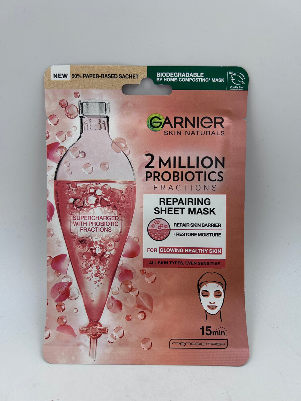 Тканевая маска для лица Garnier с пробиотиками, гиалуроновой кислотой и натуральными экстрактами,15 мин, 22 г