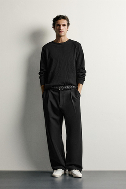 ZARA ФУТБОЛКА REGULAR FIT ИЗ ВАФЕЛЬНОГО ТРИКОТАЖА, ЧЕРНЫЙ
