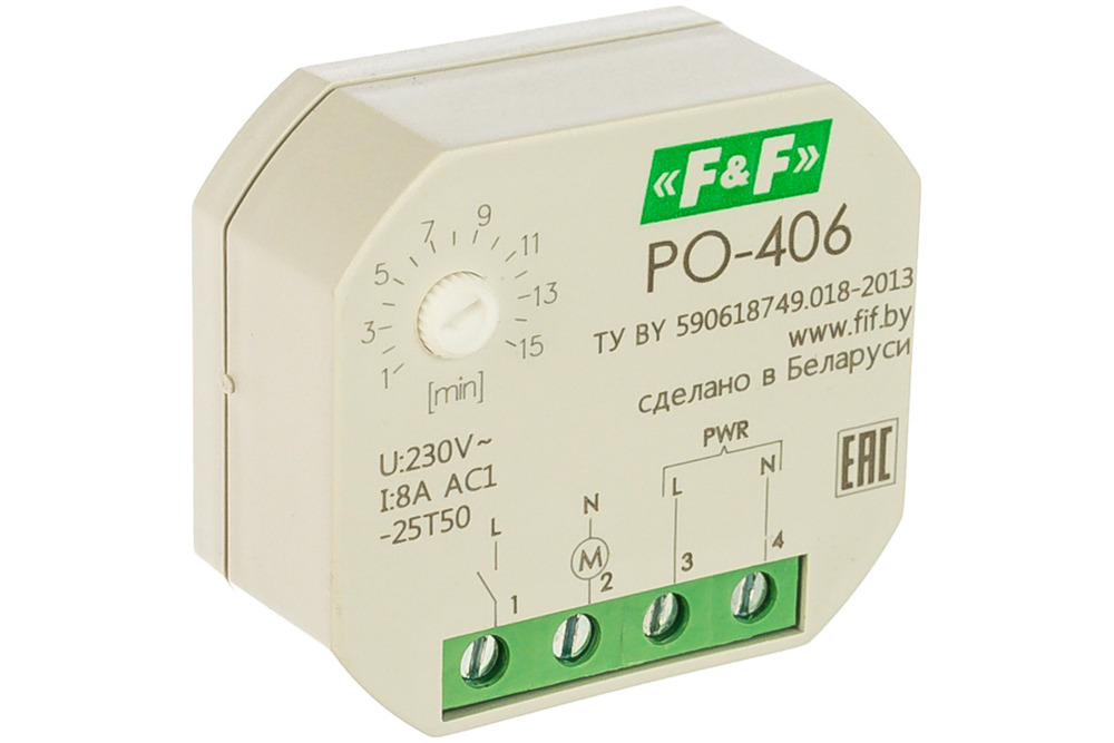Реле времени PO-406 8А 230В 1НО IP20 задержка выключ./управ. контактом