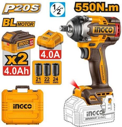 Аккумуляторный гайковерт BL 20В 550Hm 1/2, 2хАКБ 4Ач и ЗУ 4А SUPER INGCO CIWLI2055 INDUSTRIAL