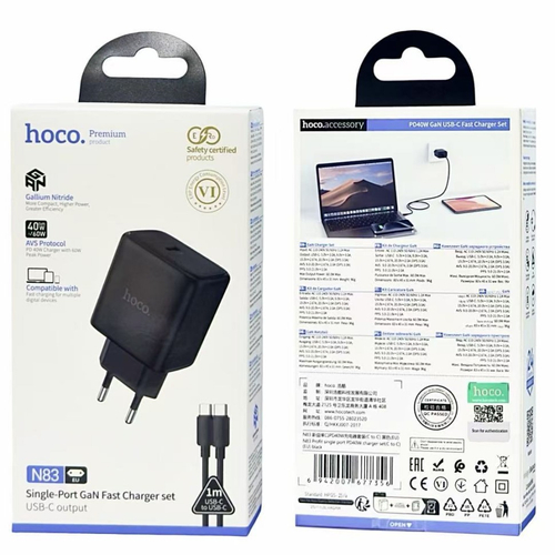 Сетевое зар. устр. Hoco N83 GaN с шнуром Type-C на Type-C 1C 60W черное