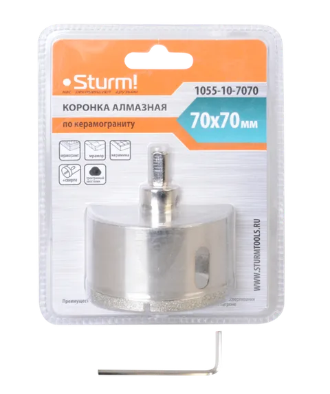 Коронка алмазная по керамограниту 70 х 70 мм,3гр. Хв., с центрир. Cверл. Sturm!