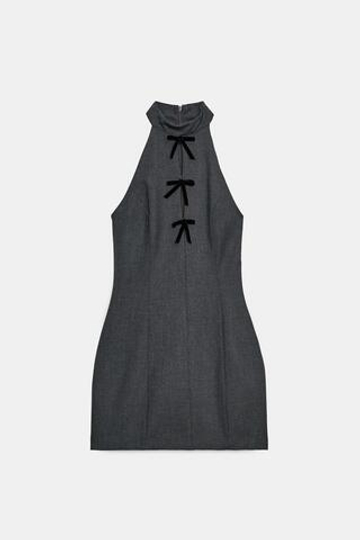 ZARA МИНИ-ПЛАТЬЕ С ГОРЛОВИНОЙ ХАЛТЕР И БАНТАМИ, УГОЛЬНЫЙ