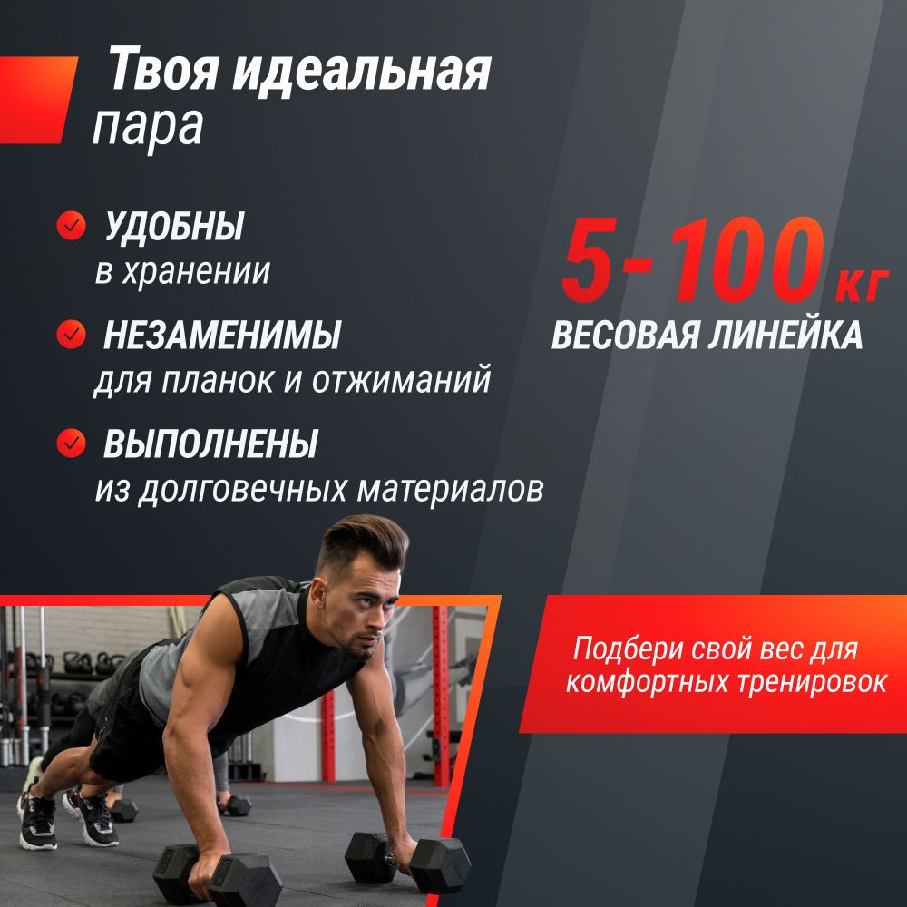 Гантель гексагональная UNIX Fit обрезиненная 5 кг, 2 шт.