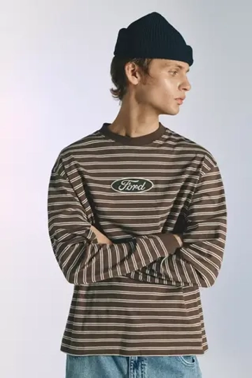 PULL&BEAR Футболка в полоску с длинным рукавом Ford, коричневый