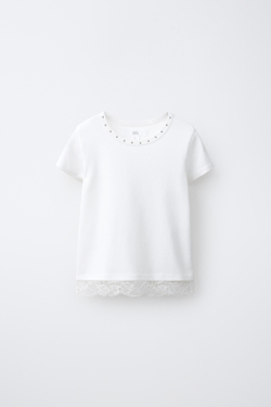 ZARA ФУТБОЛКА С ЗАКЛЕПКАМИ И КРУЖЕВОМ, БЕЛЫЙ