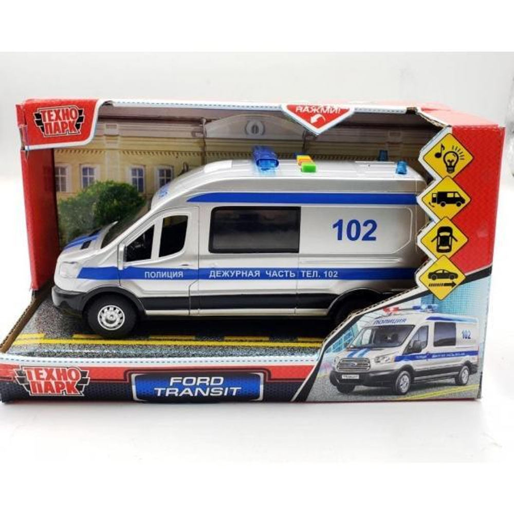 Модель ин. пласт. "Ford Transit. Полиция" 22,5см, двери, серебр, свет-звук, коробка (Технопарк)