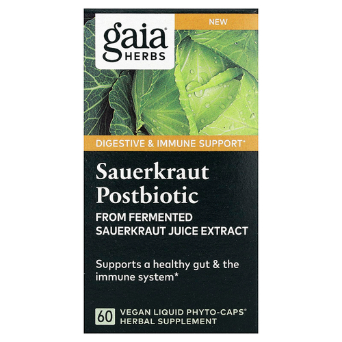 Gaia Herbs, постбиотик из квашеной капусты, 60 веганских капсул Liquid Phyto-Caps (600 мг в 1 капсуле)