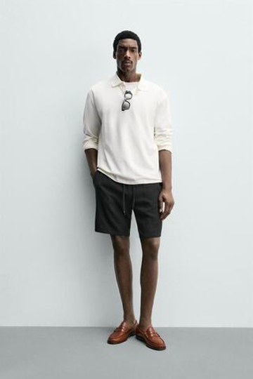ZARA БЕРМУДЫ RELAXED FIT ИЗ ВИСКОЗЫ И ЛЬНА, ЧЕРНЫЙ