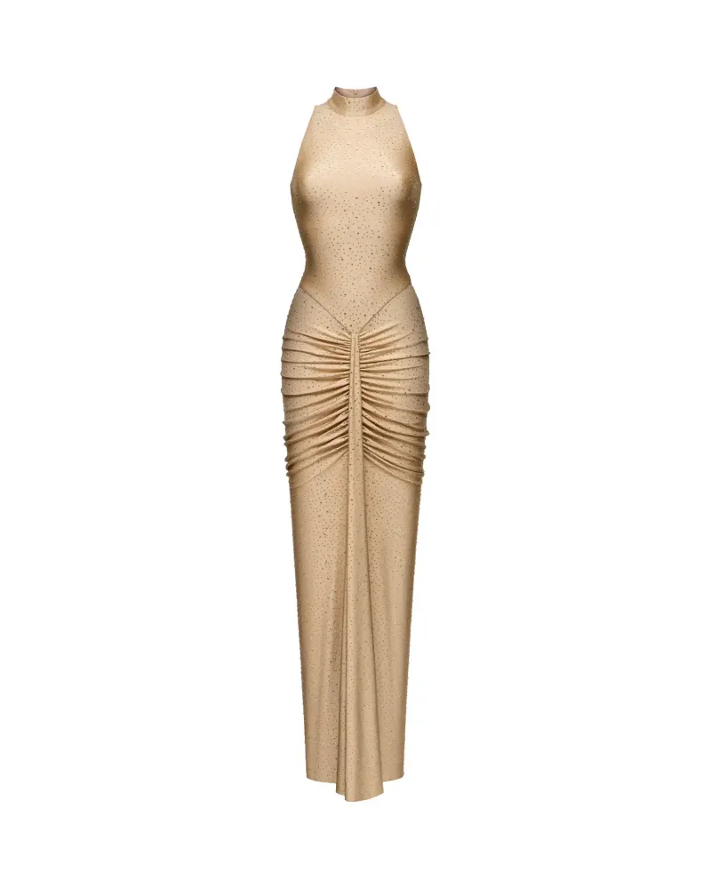 Иви макси (Ivy maxi), платье макси из бежевого бифлекса со стразами