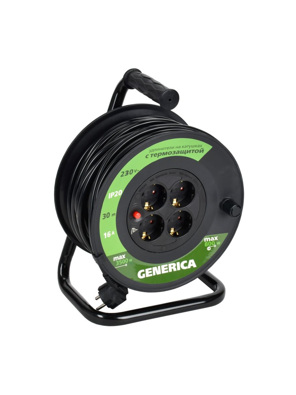 Удлинитель на катушке 4х30м 16А IP20 УК30 2P+PE 3х1.5 термозащита GENERICA WKP20-16-04-30-G