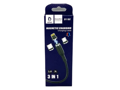 Кабель 3-in-1 DENMEN D18E MicroUSB+Lightning+Type-C 2.4A 1м магнитный Silicone Black