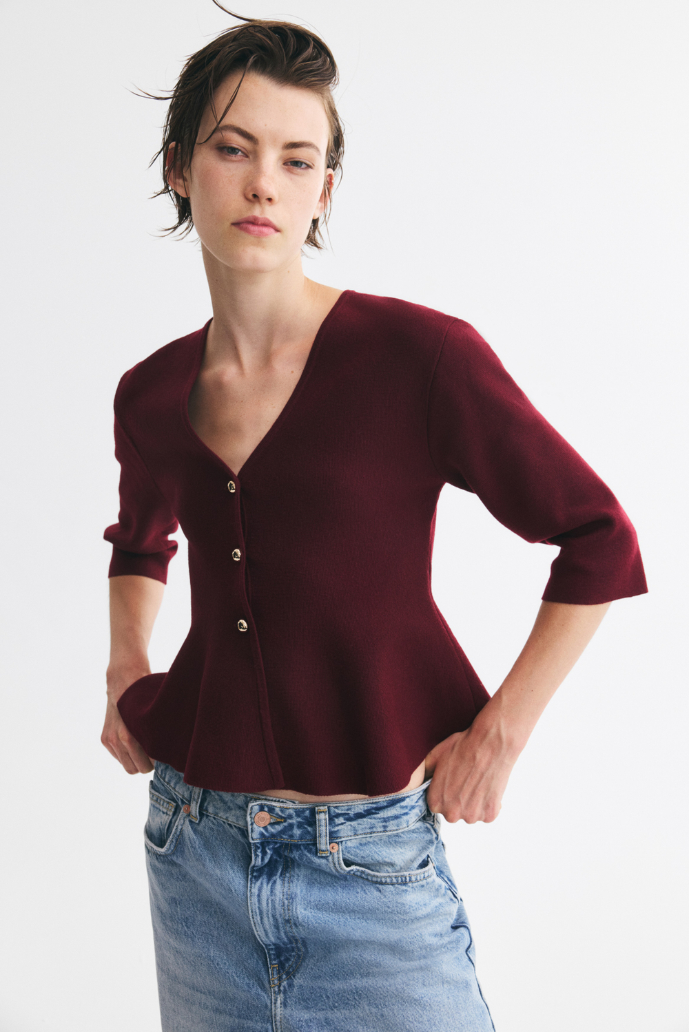 Тонкий трикотажный кардиган с баской - H&M