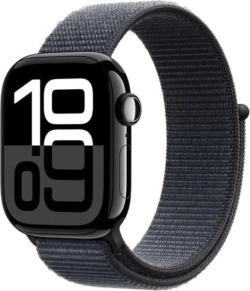 Умные часы Apple Watch Series 10 42 мм из алюминия цвета «чёрный глянец», нейлоновый браслет темно-синего цвета