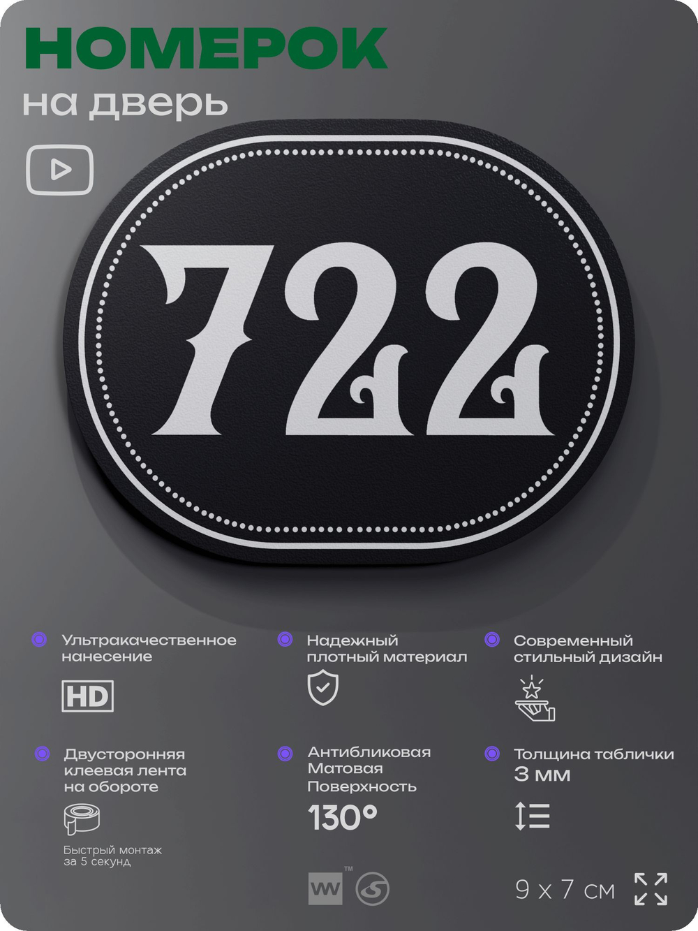 Номерок на дверь квартиры 722, для кабинета, офиса, шильдик 9 х 7 см, черный, Айдентика Технолоджи