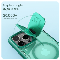 Чехол зеленого цвета от Nillkin на iPhone 16 Pro Max, с металлической крышкой и поддержкой MagSafe, серия Iceblade Prop Magnetic Case