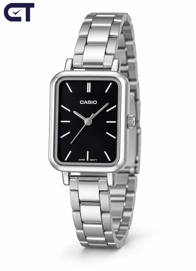 CASIO LTP-V009D-1E CASIO Collection женские наручные часы — чёрный циферблат, вытянутый прямоугольный корпус и стальной браслет