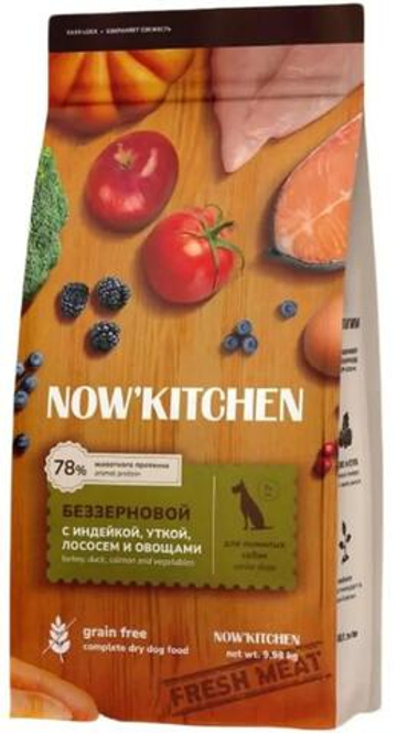 NOW'KITCHEN беззерновой сухой корм для пожилых собак со свежей индейкой, уткой, лососем, 9,98кг
