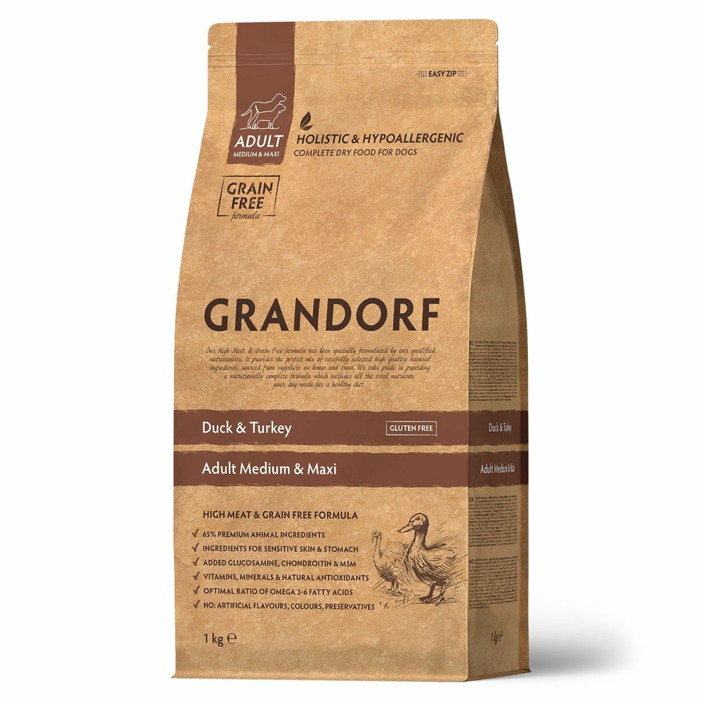Сухой корм Grandorf Adult для взрослых собак средних и крупных пород утка с индейкой 1 кг