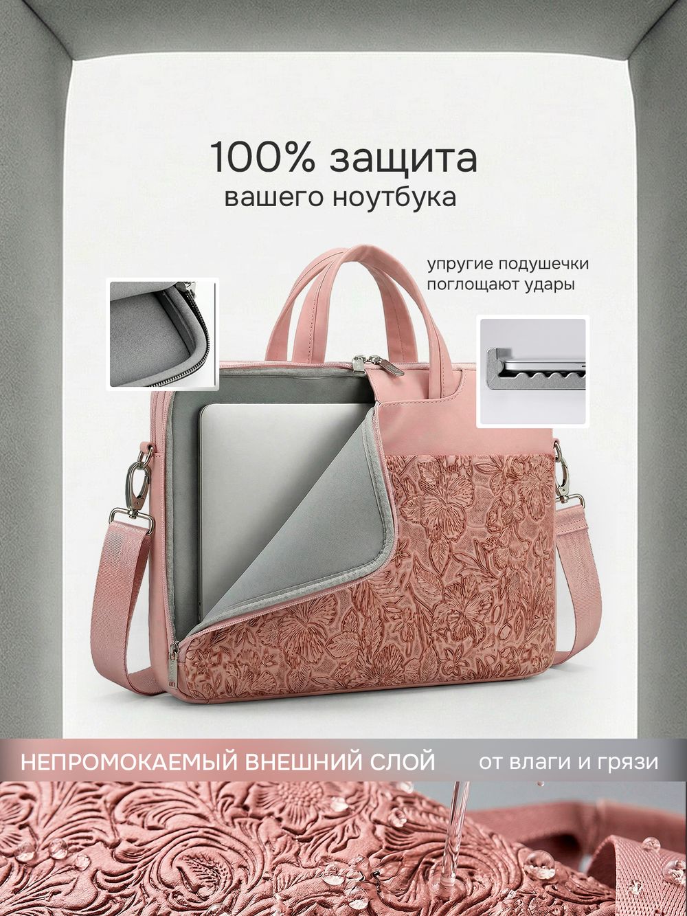 Легкая сумка для ноутбука 14" и 15,6" с карманом и ремнем на плечо (Розовый цветок)