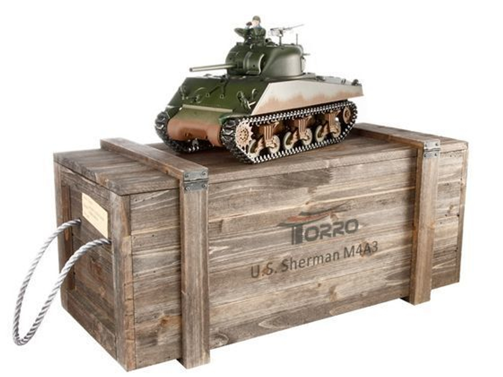Радиоуправляемый танк Torro Sherman M4A3 1/16 с пневматической пушкой, деревянная коробка, звук и дым, уникальная роспись