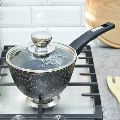 Ковш 1,2л Гранит черный с несъемной ручкой и стеклянной крышкой