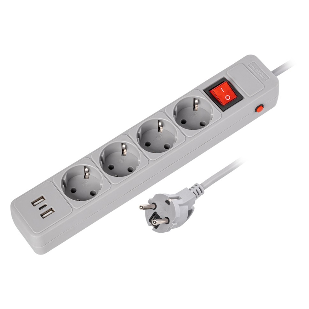 Сетевой фильтр c USB+Type C, 16А, 4 гнезда, c з/ш, с з/к, ПВС, 1.8 м, серый (SBSP-18C-G)