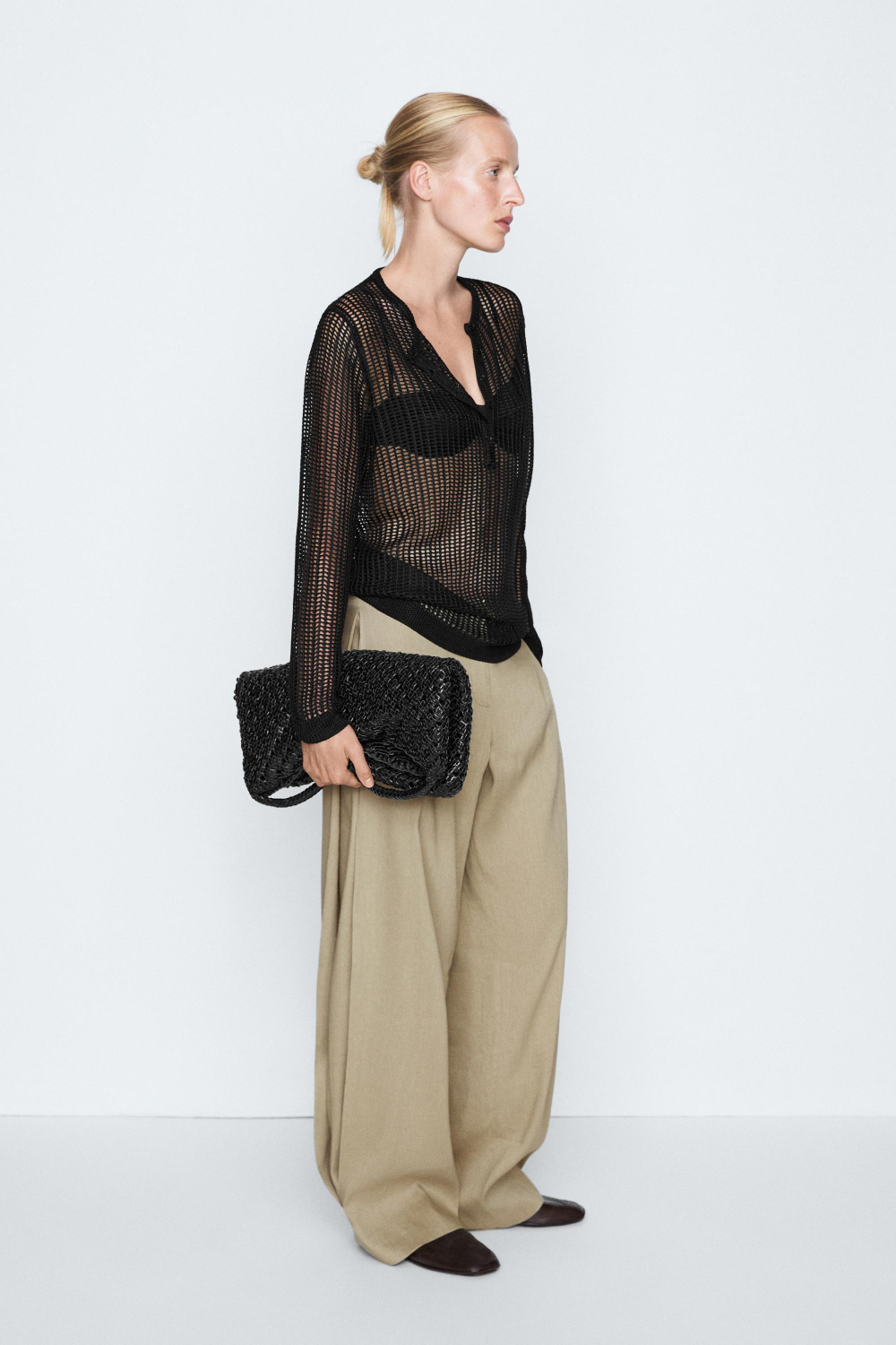Massimo Dutti Ажурный вязаный свитер с пуговицами - STUDIO, черный